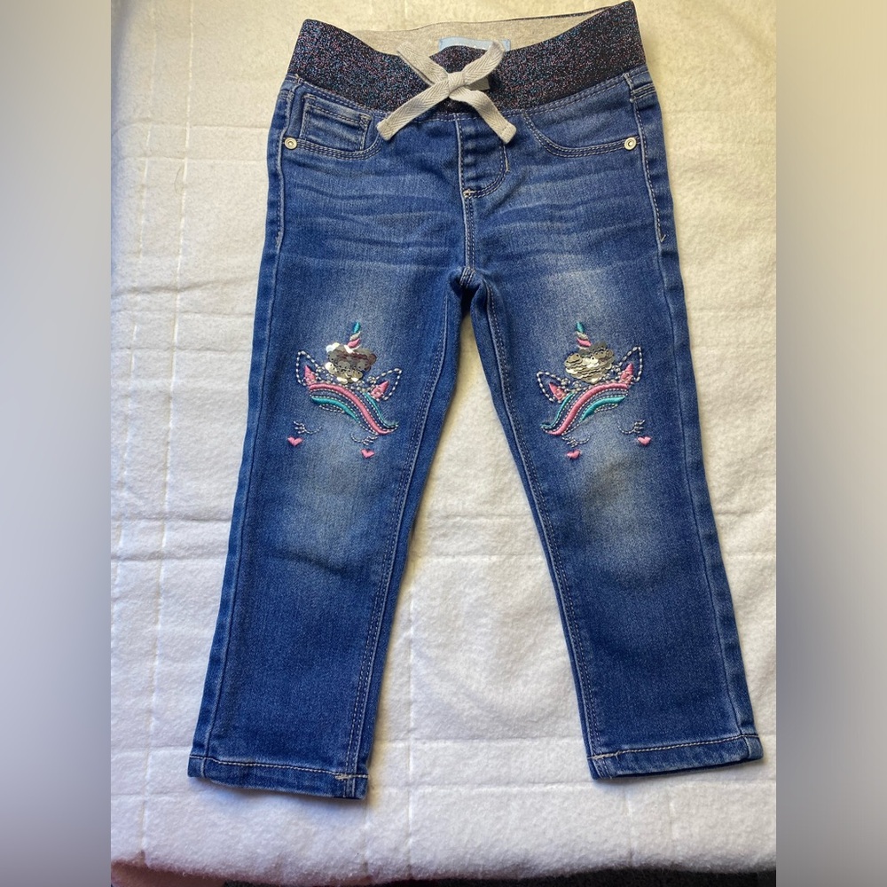 Blue ink -Girls Lee Blue Cropped Jeans with Unicorn Embroidery
